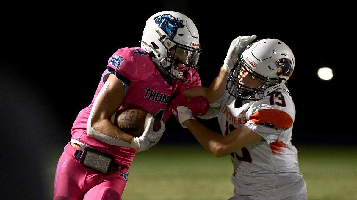 ODA’s Jack Meyers presses past Bradenton Christian’s Carson Fisher at the Out of Door Academy field on Friday, Oct. 20, 2023.