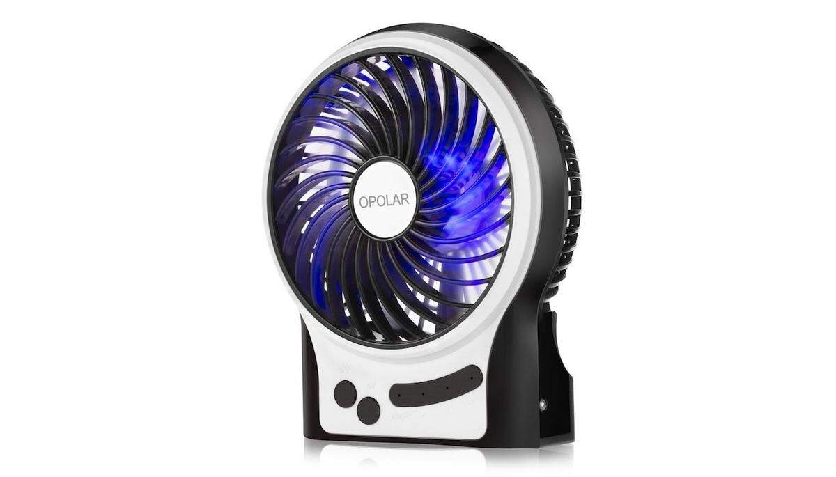 A rechargeable three speed mini-fan by Opolar runs for 3 to 13 hours depending on the speed setting.