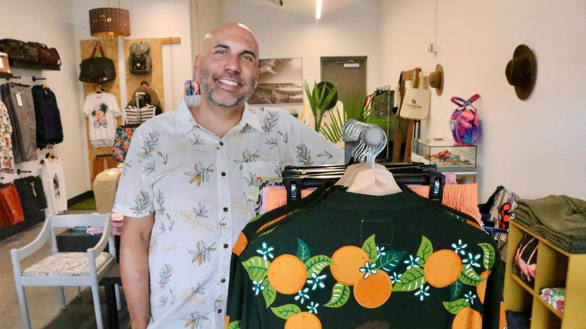 Matthew Peterson, shown 7/7/2022, recently opened The Stoked Flamingo mens clothing store in Bradenton’s City Centre building on Old Main Street.