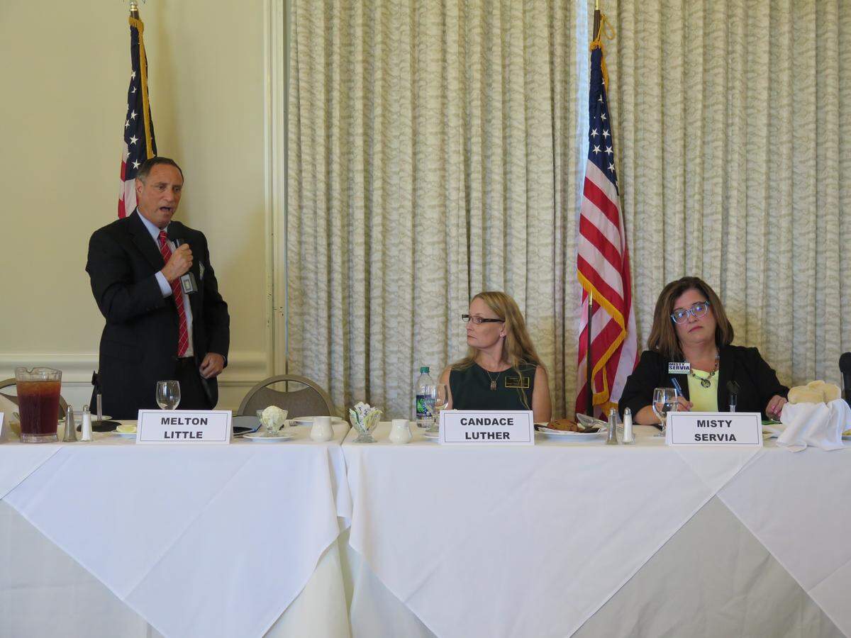 Melton Little, a Democrat running for Commissioner Robin DiSabatino’s District 4 seat on the Board of County Commissioners, addresses the crowd during a candidate forum hosted by the Manatee Tiger Bay Club at Pier 22 Thursday afternoon. His Republican opponent is Misty Servia. Candace Luther is an Independent running against Commissioner Carol Whitmore.