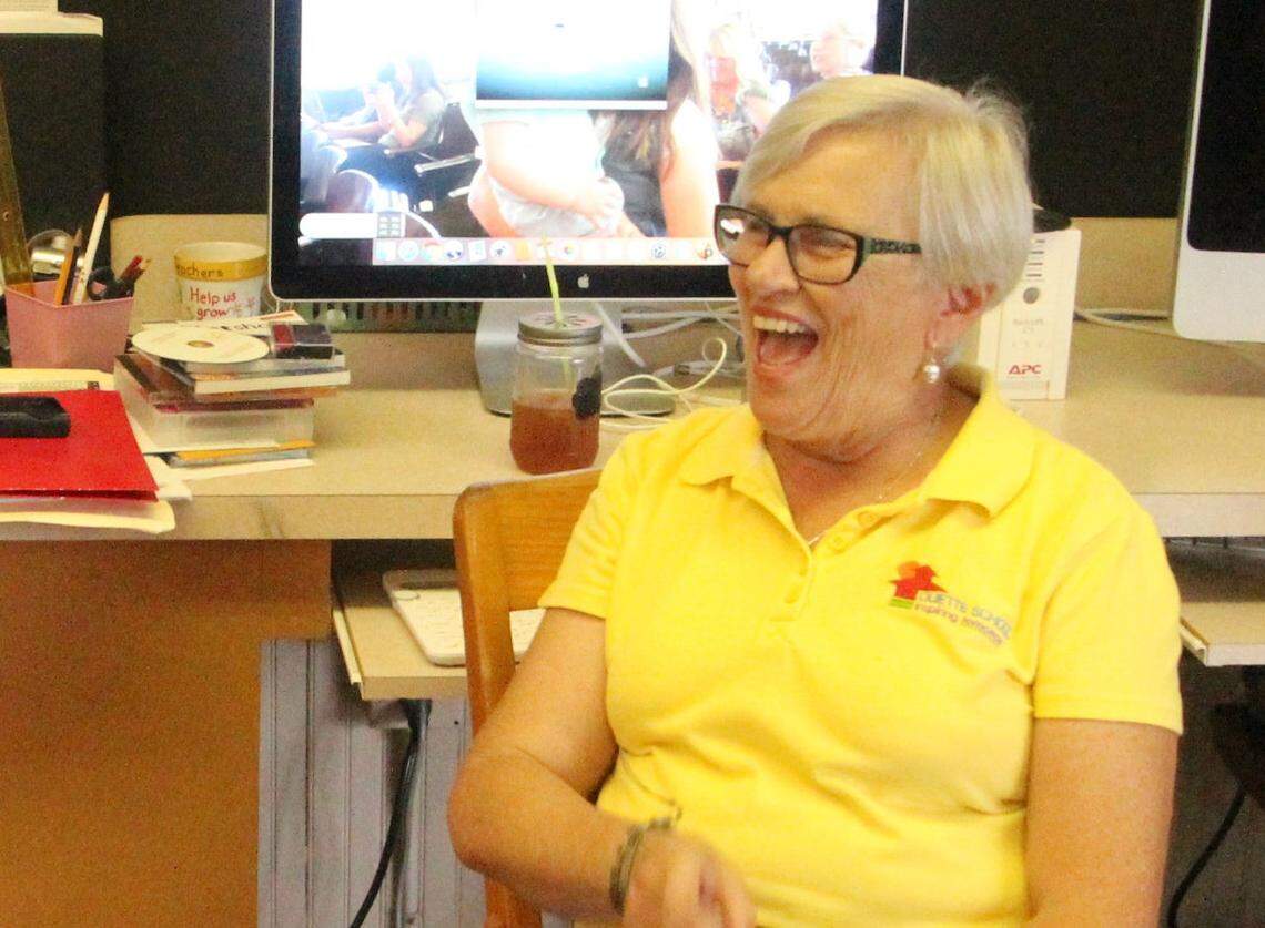 Donna King, shown during a lighter moment on the last day of class at Duette Elementary School in 2016, said she is delighted with efforts to place the school on the National Register of Historic Places.