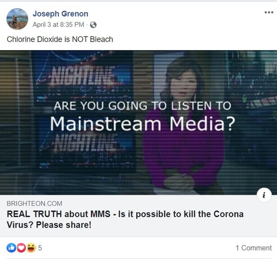 Joseph Grenon claims that chlorine dioxide, a substance used as an industrial bleaching agent, is not bleach in an April 3 Facebook post.