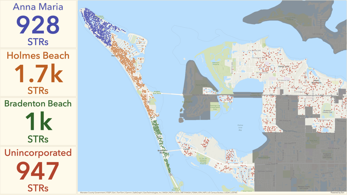 A West Manatee Fire Rescue District map shows that there are thousands of short-term rental units in the jurisdiction.