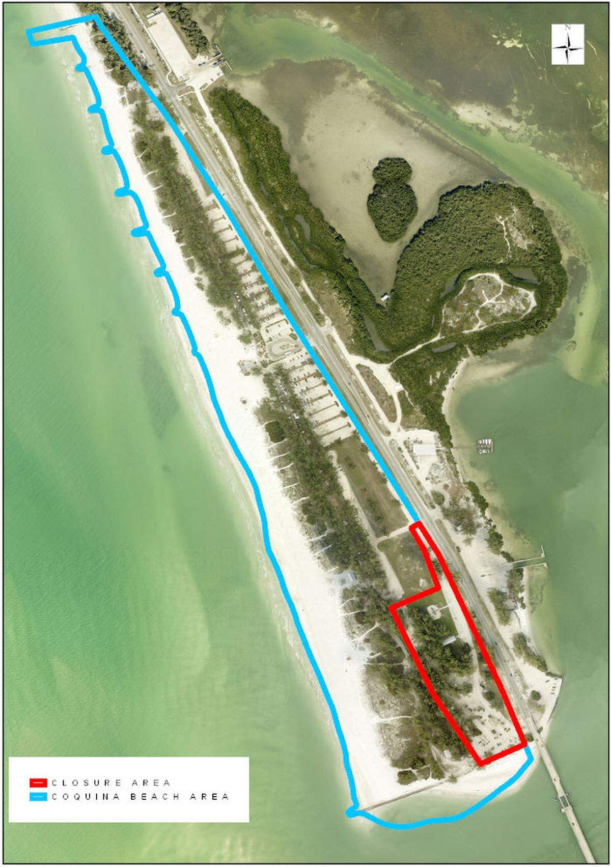 An aerial map depicts in red the space that will be closed for the first phase of parking and drainage improvements at Coquina Beach. The rest will be completed in smaller segments next year, according to county officials.