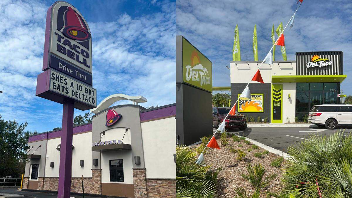 These two photos show the new Del Taco on Manatee Avenue and a Taco Bell sign poking fun at their new competition.