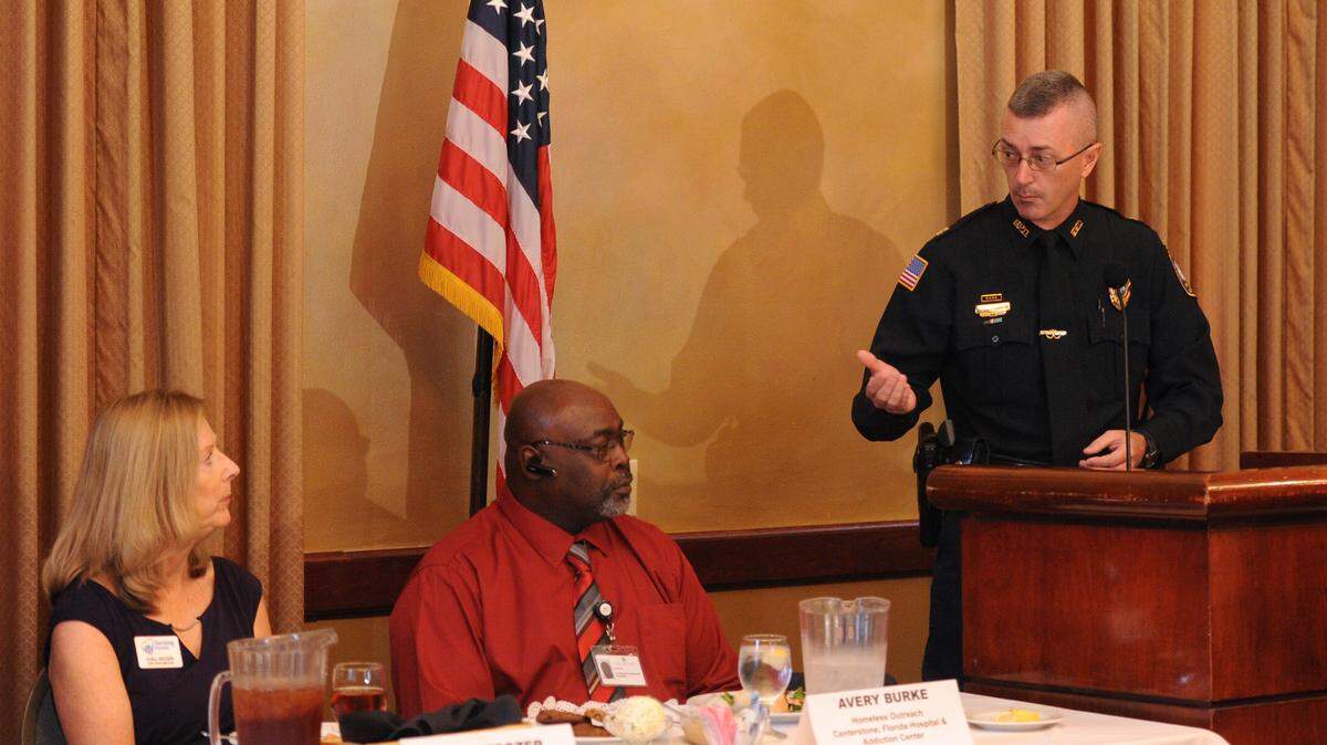 Adell Erozer, executive director of Turning Points Manatee, Avery Burke, homeless outreach Centerstone, Florida Hospital & Addiction Center, and Captain William Fowler, Bradenton Police Department, address the subject of Homelessness in Manatee County during a meeting of the Manatee Tiger Bay Club on Thursday at Pier 22. 
 GRANT JEFFERIES/Bradenton Herald