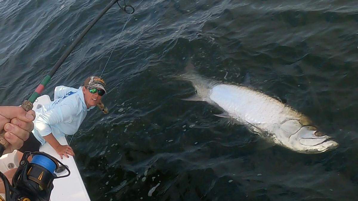 Caroline Futch poses with the big tarpon caught in Tampa Bay two weeks ago.