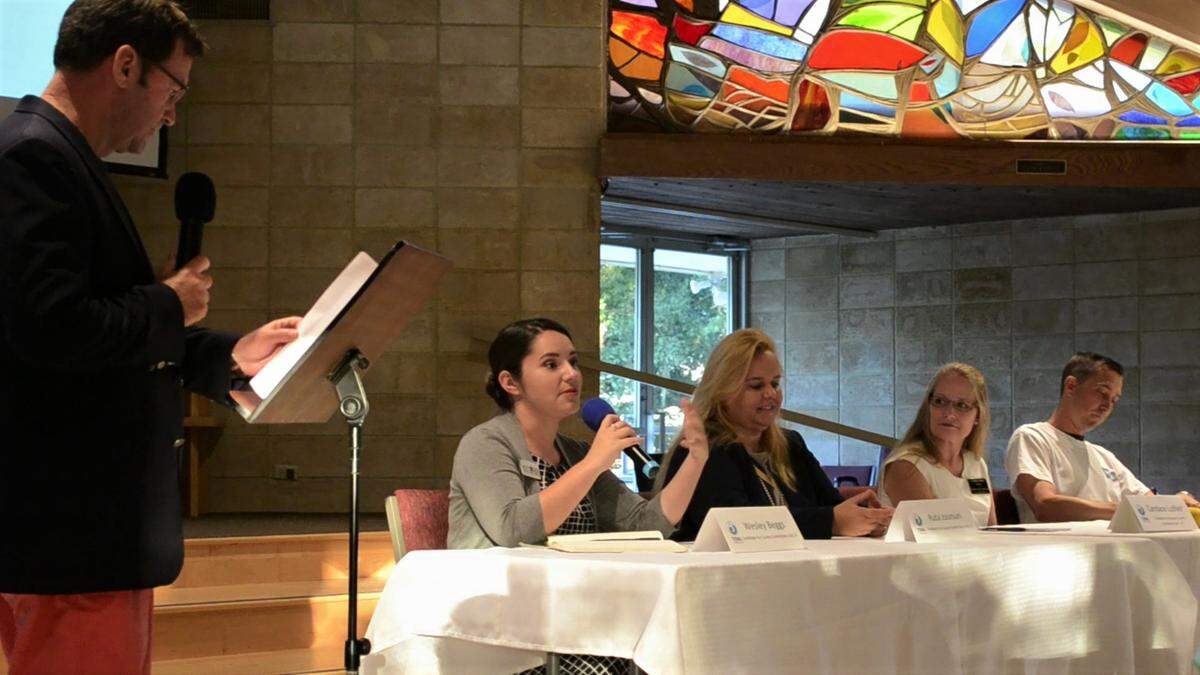 Left to right: Tidal Town Hall moderator Barry Edwards; Wesley Beggs, candidate for Sarasota County Commission; Ruta Jouniari, candidate for Sarasota County Commission; Candace Luther, candidate for Manatee County Commission; Kevin Rouse, candidate for North Port City Commission.
