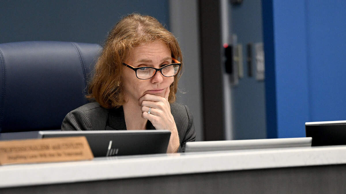 Pamela D’Agostino, county attorney, during a meeting of the Manatee County Board of Commissioners on April 7, 2026, where commissioners debated the terms of County Administrator Charlie Bishop’s new contract.