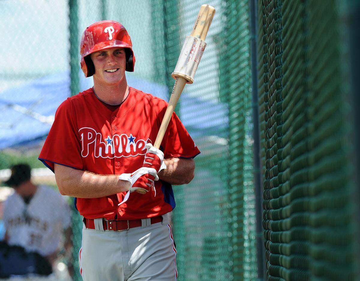 In this Bradenton Herald file photo, former Manatee High baseball star Cord Sandberg warms up to bat in a Gulf Coast League game between the Phillies and the Pirates at Pirate City.