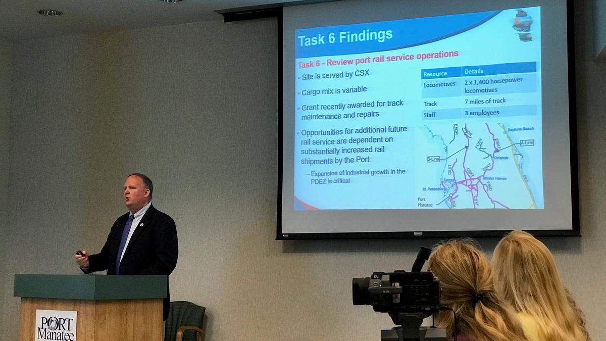 A Florida Department of Transportation study on Port Manatee, presented by Keith Robbins (shown at left), raised the idea of whether a connector road might one day be built between Port Manatee and Interstate 75.