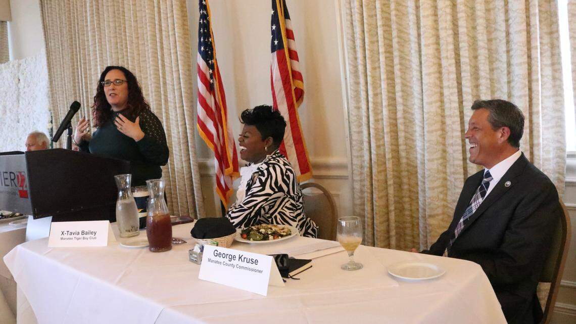 Meredith Barcomb of the POWER group in Myakka City talks about her concerns about unbridled growth in Manatee County. Also shown Feb. 24, 2022 are Xtavia Bailey, president of the Manatee Tiger Bay Club and George Kruse, Manatee County commissioner.