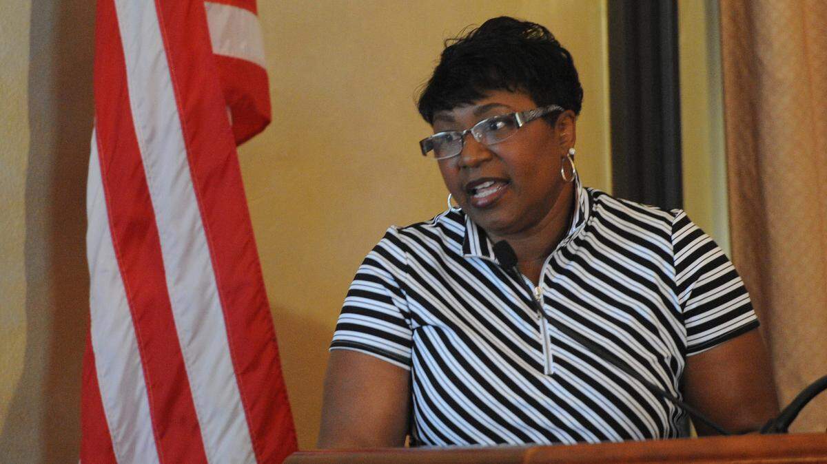 Diana Greene, superintendent of Manatee County schools, speaks about impact fees during the monthly meeting of the Manatee Tiger Bay Club. Greene has proposed merging two district schools. GRANT JEFFERIES/Bradenton Herald