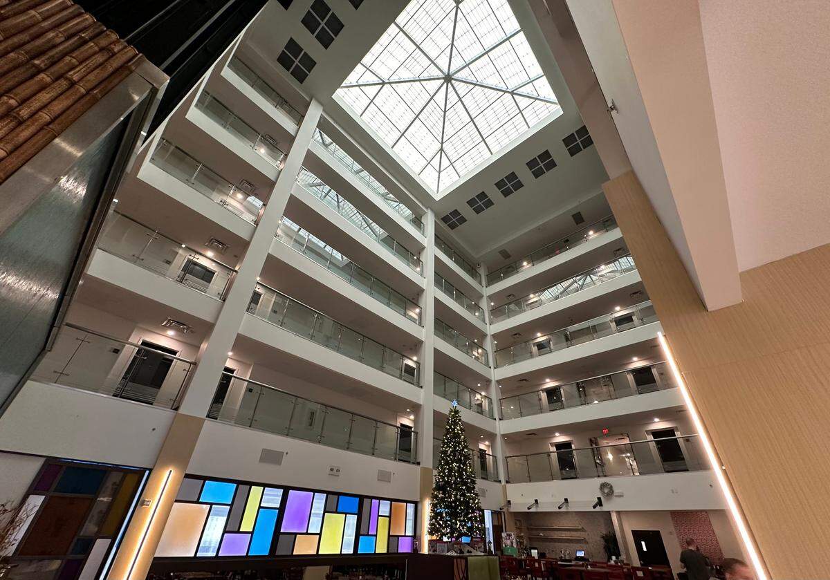In addition to its new name, the DoubleTree by Hilton Sarasota Bradenton Airport, has upgraded all public areas, guestrooms and the exterior. Shown above is the hotel’s six-story-high skylight atrium.
