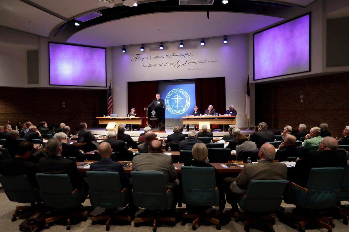 Southern Baptist Convention President J.D. Greear speaks to the denomination’s executive committee Monday, Feb. 18, 2019, in Nashville, Tenn. Just days after a newspaper investigation revealed hundreds of sexual abuse cases by Southern Baptist ministers and lay leaders over the past two decades, Greear spoke about plans to address the problem.