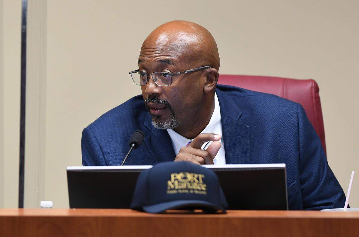 02/23/21--Commissioner Reggie Bellamy at a meeting of the Manatee County Commission where the board unanimously approved a separation agreement that Cheri Coryea negotiated with her legal team and the County AttorneyÕs Office.