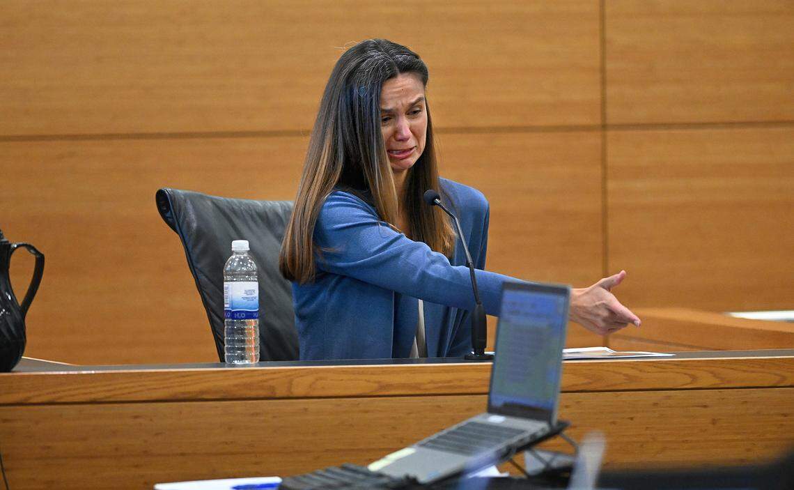 Ashley Benefield describes shooting her husband on the fourth day of her trial for the second-degree murder of her husband, Doug Benefield, in 2020 at the Manatee County Judicial Center, July 26, 2024.