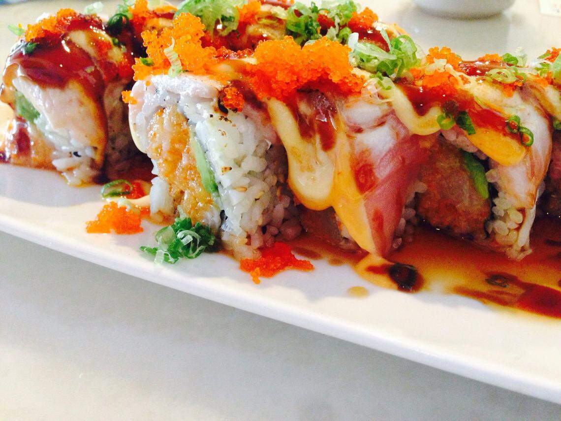 The “Angel Yellowtail Roll” at Sushi Hana in Bradenton is rolled with with spicy yellowtail and avocado, then topped with more yellowtail and scallions.