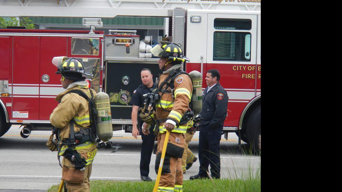 Bradenton fire, West Manatee fire, EMS and Bradenton police were called to a scene of a structure fire at 3010 Manatee Ave West Thursday. According to a Bradenton police officer at the scene, the occupants of the office building turned on the heat and smelled smoke.  When the odor did not resolve an employee opened the air-conditioning unit in the attic and saw flames. Bradenton firefighters extinguished the fire before it could spread. Salvatore Magro/Special to the Herald