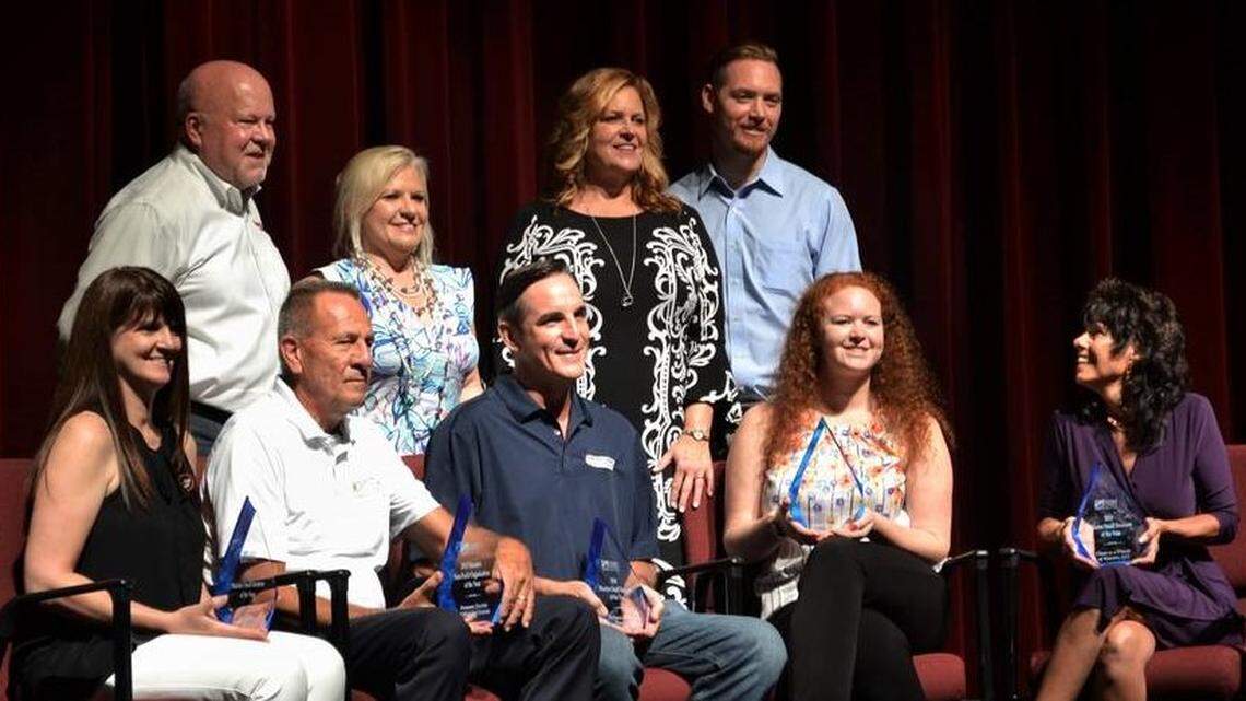 The winners of the 2018 Manatee Small Business of the Year Awards include, front row from left: Michelle Choat Sellars, Rick Yocum, Richard Krause Jr., Erin Gilbert and Deborah Cassidy. Back row from left: Nick Choat, Valerie Bliss, Jessica Gilbert and Evan Gilbert.