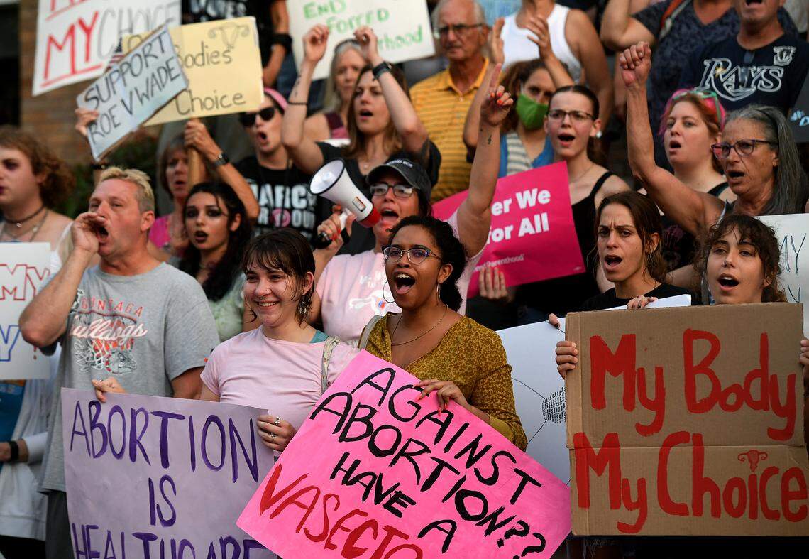 Over a hundred people joined a march and rally organized by Women’s Voices of SW Florida to support women’s rights to choose abortion on May 4, 2022. The group met at the Central Library and marched to the Historic Courthouse.