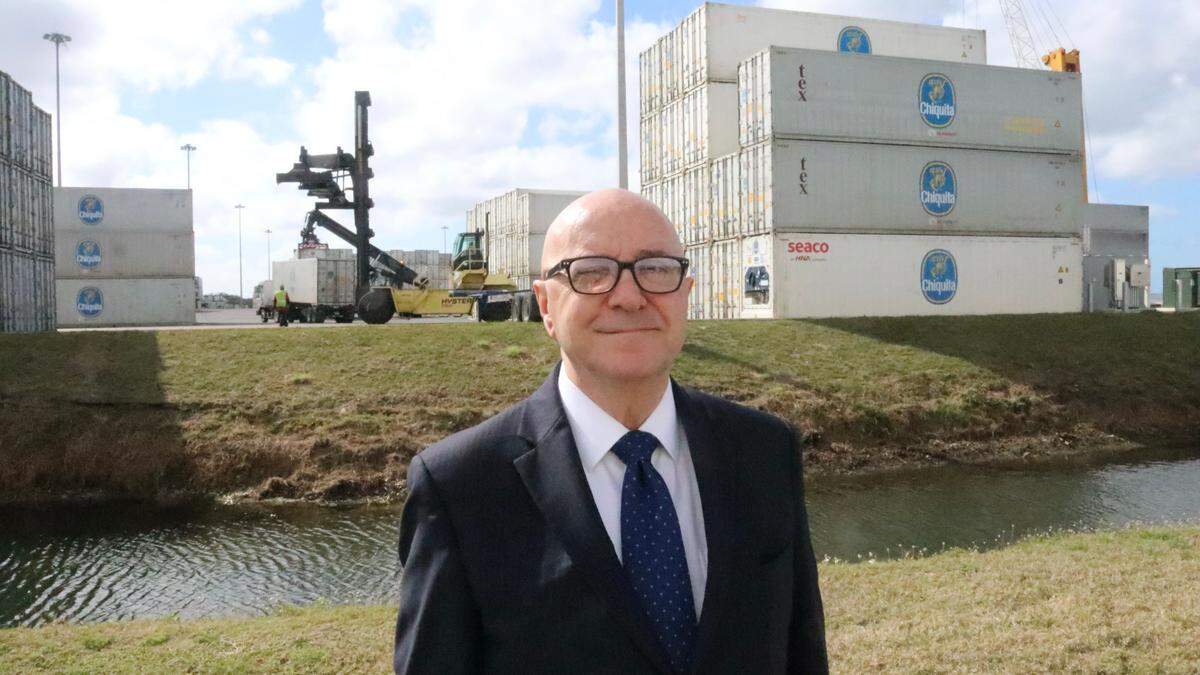 Carlos Buquersas, executive director of SeaPort Manatee, stands in front of shipping containers used to bring Chiquita bananas to the seaport on 2/17/2022.