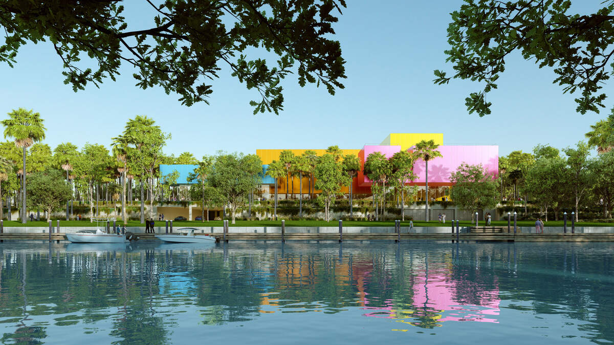 A rendering of the north elevation, looking across the boat canal to the arts complex.