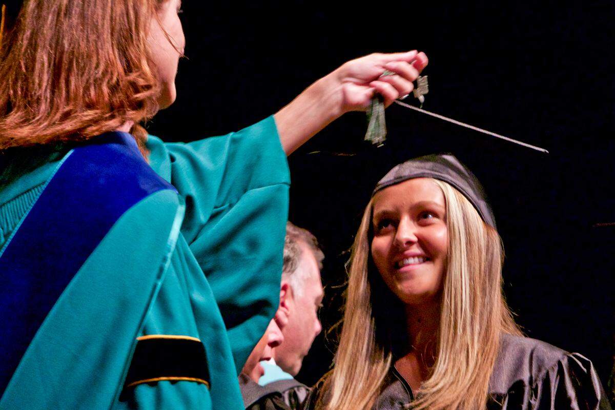 Melinda Lundy, an assistant principal at Lakewood Ranch High School, moves a senior’s tassel during graduation, hosted at the Bradenton Area Convention Center on May 18, 2019.