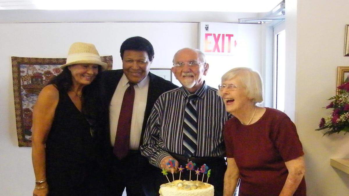 From left: Rina Evans, Miss World 1963; her husband Ernest "Chubby Checker" Evans; George Garver, celebrating his 100th birthday; and his wife, Betty Garver. 
 PHOTO PROVIDED