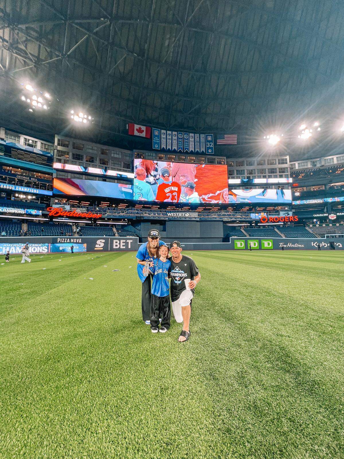 Toronto Blue Jays bullpen coach Graham Johnson joined by wife, Victoria Cable Johnson and daughter, Charlee after Monday night’s game in Toronto at Rogers Centre.