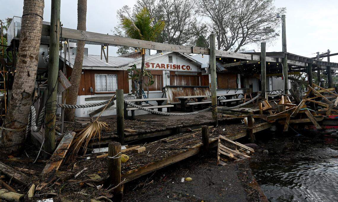 The Star Fish Co. appears to have suffered damage from high waters in the aftermath of Hurricane Helene in Manatee County on Friday, Sept. 27, 2024.