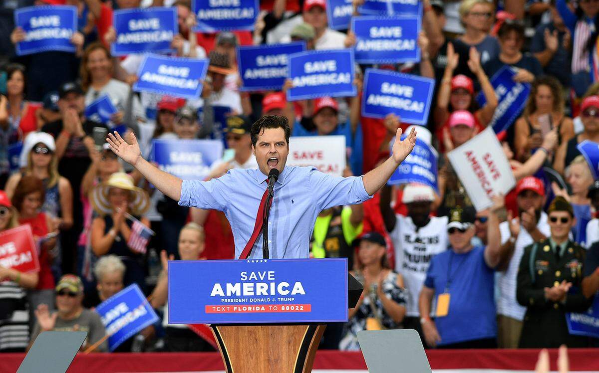 Rep. Matt Gaetz addresses the crowds gathered at the Sarasota Fairgrounds for the Save America Rally for former President Donald Trump on July 3, 2021.