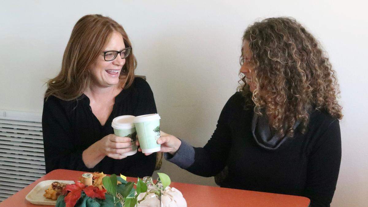 Enjoying coffee at Banyan Coffee Company, 1110 Tenth Street W., Palmetto, on Nov. 18, 2022, were Amanda Thress, left, and Meme Signor.