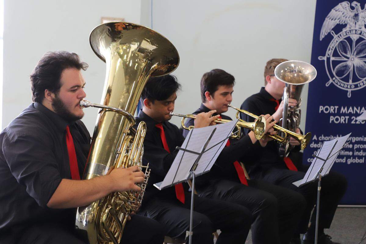 A brass quartet from Palmetto High School plays at the National Maritime Day ceremony held May 22 at Port Manatee.