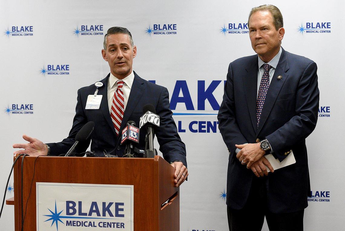 Blake CEO Randy Currin talks about screening and prevention measures for the coronavirus with U.S. Rep. Vern Buchanan as they hold a press conference Monday.