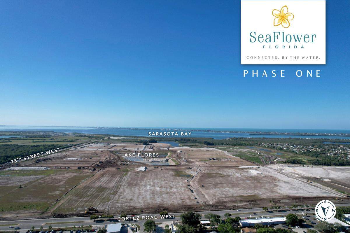 An aerial photo shows the cleared land south of Cortez Road where SeaFlower, a new housing community is planned.