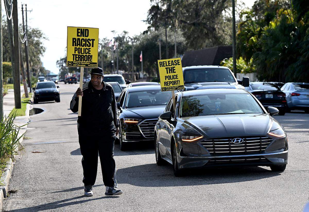 Dozens of protesters gathered at the Palmetto Police Department on Sunday, Jan. 7, 2024, to demand answers following the November death of 36-year-old Breonte Johnson-Davis, who died shortly after Palmetto police officers used a stun gun on him, according to a police report.