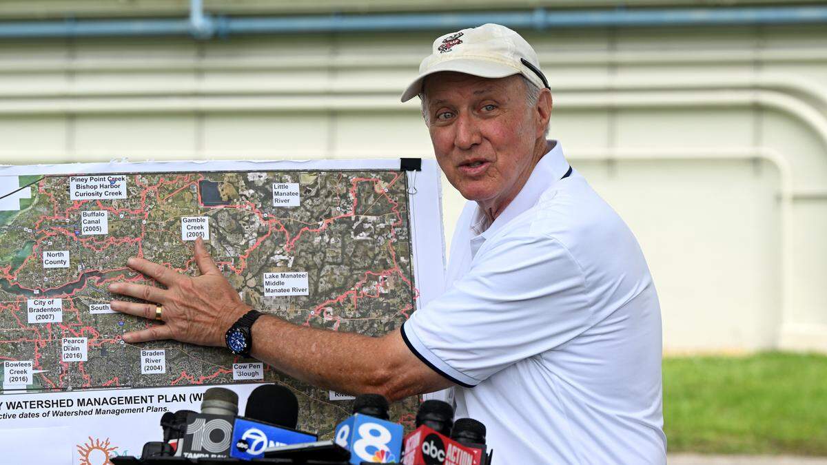 Charlie Hunsicker, Manatee County’s Dir. of Natural Resources, talks about flooding from Hurricane Debby during a tour of the dam for local media in September. Officials defended the decision to release water from the dam and said the structure worked as it was designed.