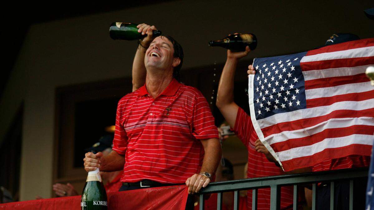 Sep 21, 2008, Louisville, KY, USA; USA captain Paul Azinger is sprayed with champagne after defeating the Europeans on day 3 of the 37th Ryder Cup at the Valhalla Golf Club. Mandatory Credit: Frank Victores-USA TODAY Sports
