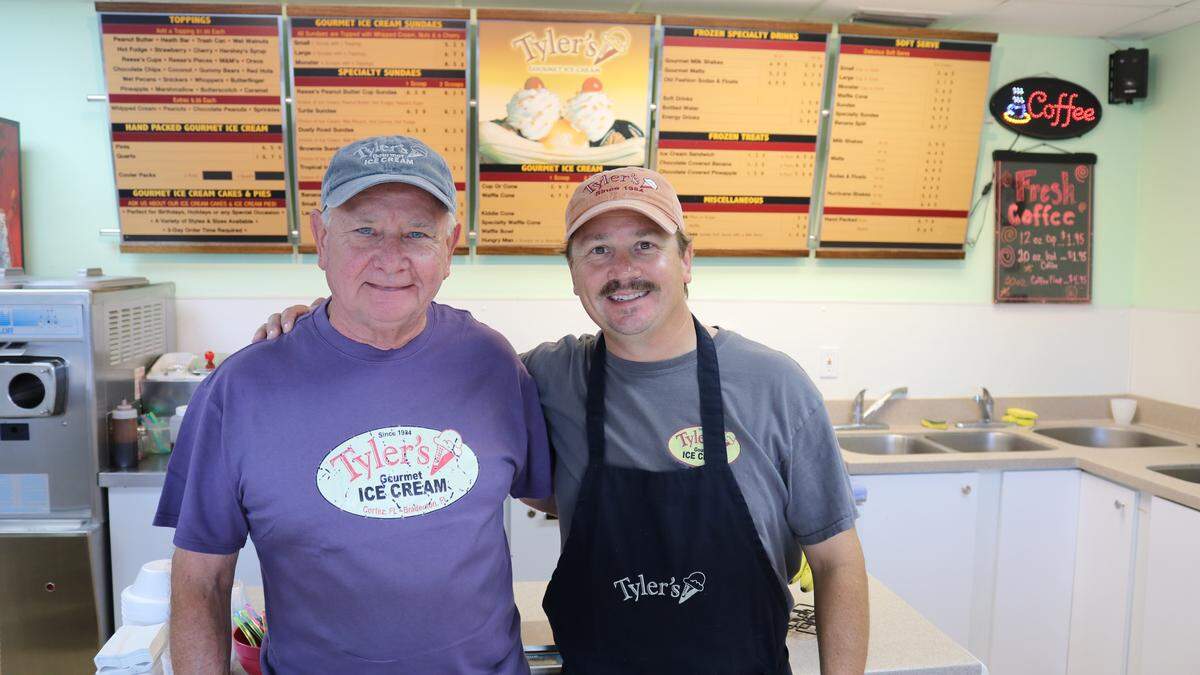 Tyler’s Ice Cream, now in its 35th year, is a family owned and operated business at 11904 Cortez Road W.  Dan Alderson is shown with his son, Rob.
