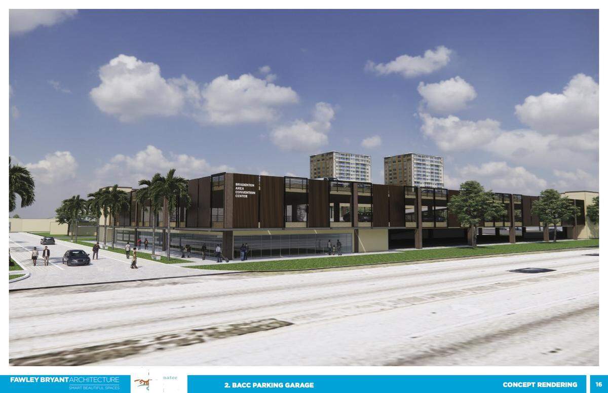 A rendering shows how the three-story, 300-space parking garage planned at the Bradenton Area Convention Center could look.