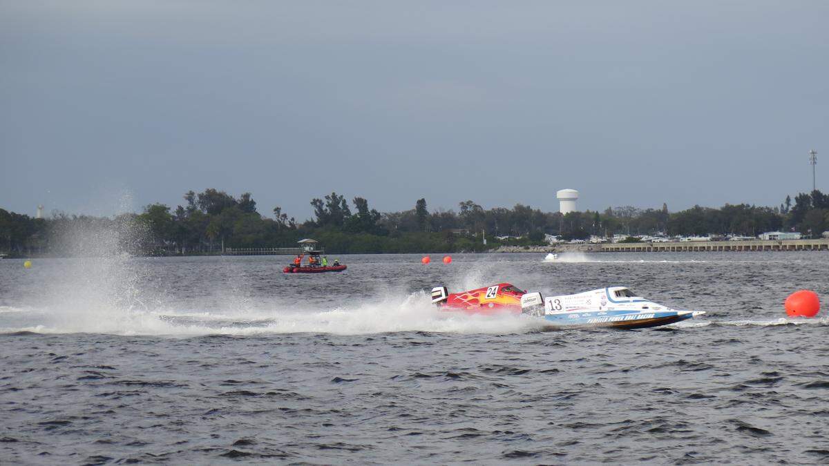 Powerboats race down a track on the Manatee River during T fifth annual Bradenton Area River Regatta.