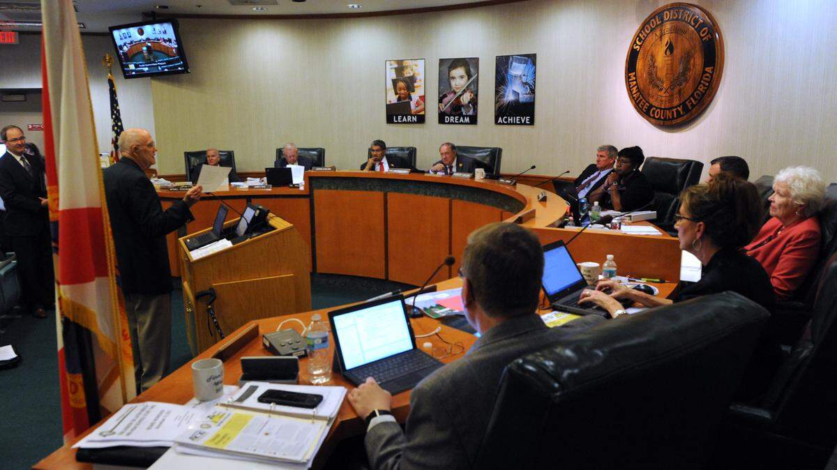 Members of the Manatee County School Board listen to a report by the audit committee and the steps they are taking to establish procedures to account for spending of the public's tax dollars for education, during a meeting last month. 
 GRANT JEFFERIES/Bradenton Herald file