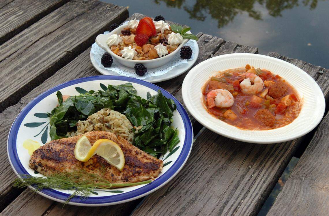 Blackened Red fish with wild rice and wilted collards, Florida gumbo and French cruller bread pudding with caramel rum sauce are among the options at Linger Lodge.