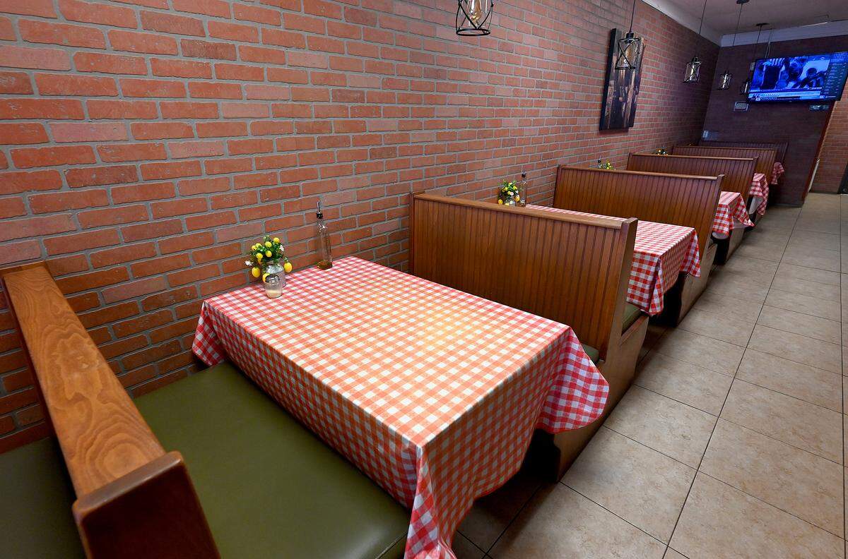 The dining area at the new Cornerstone Pizza at 5203 Cortez Road West on Dec. 10, 2025.