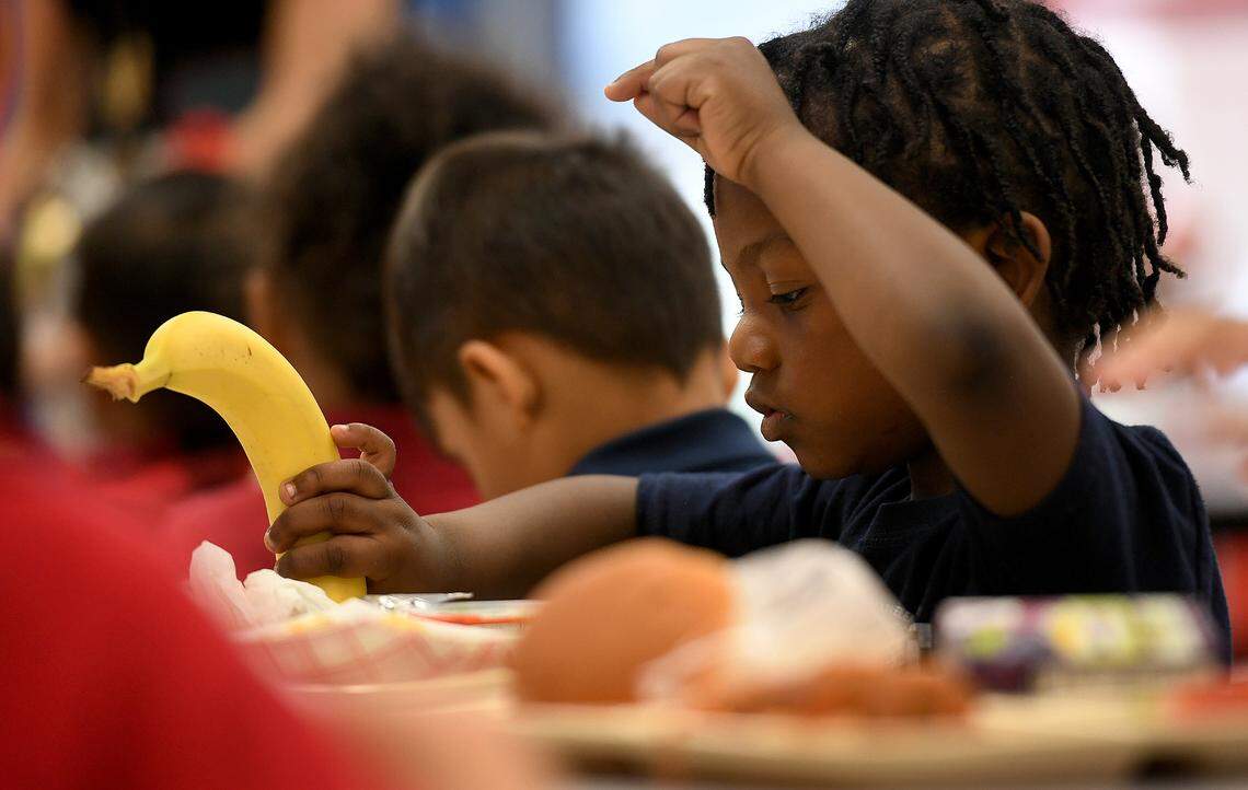 A young student eats his lunch at Manatee Elementary School. The school is a Community school, with a medical center, food pantry, and other supportive services for the students and their families.