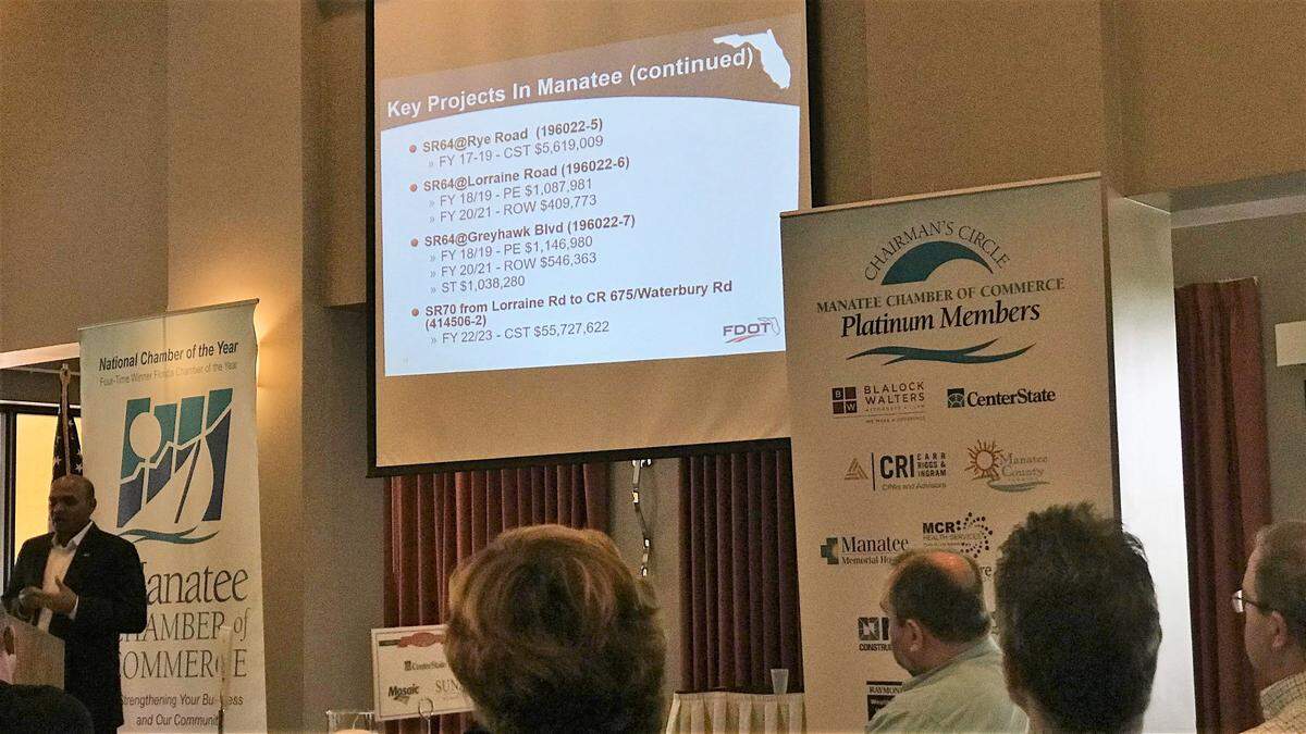 L. K. Nandam’s presentation on Manatee County road projects was rich in charts showing how millions of dollars of state funds are being spent on local roads.