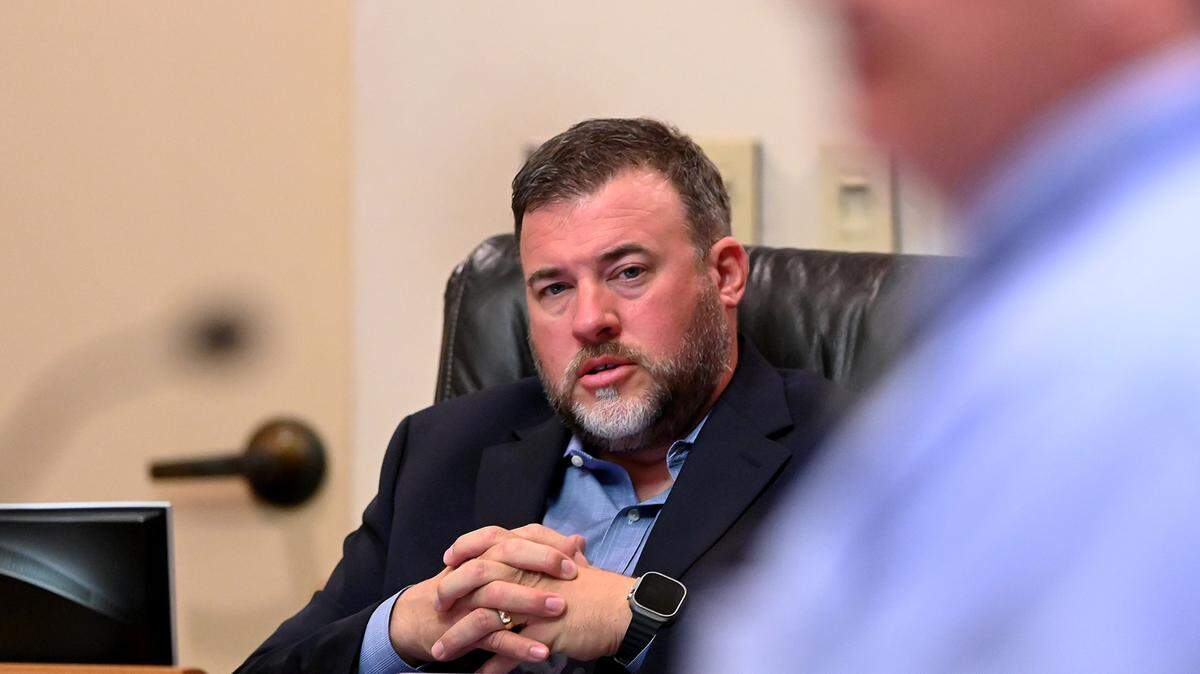 Councilman Josh Cramer at a meeting discussing possible locations for the new Bradenton City Hall on Feb. 16, 2023.