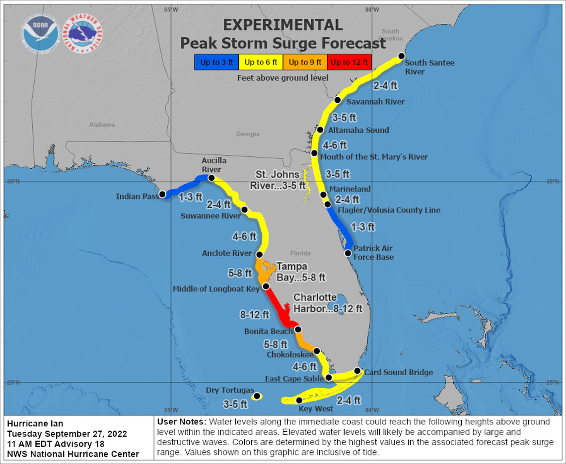 Storm surge forecast as of 11 a.m. Tuesday