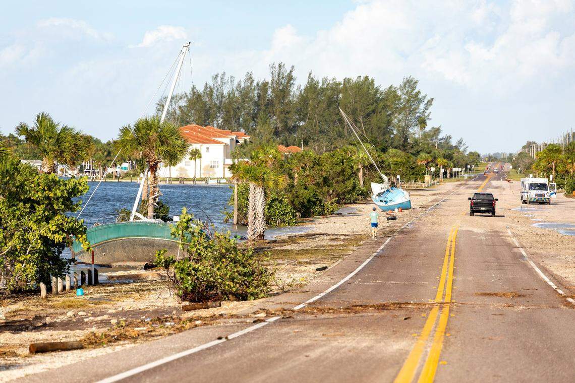 The Palma Sola Causeway that connects Bradenton and Anna Maria Island remained closed Friday, Sept. 27, 2024, after Hurricane Helene’s storm surge sent water rushing over the roadway, carrying at least two sailboats with it.
